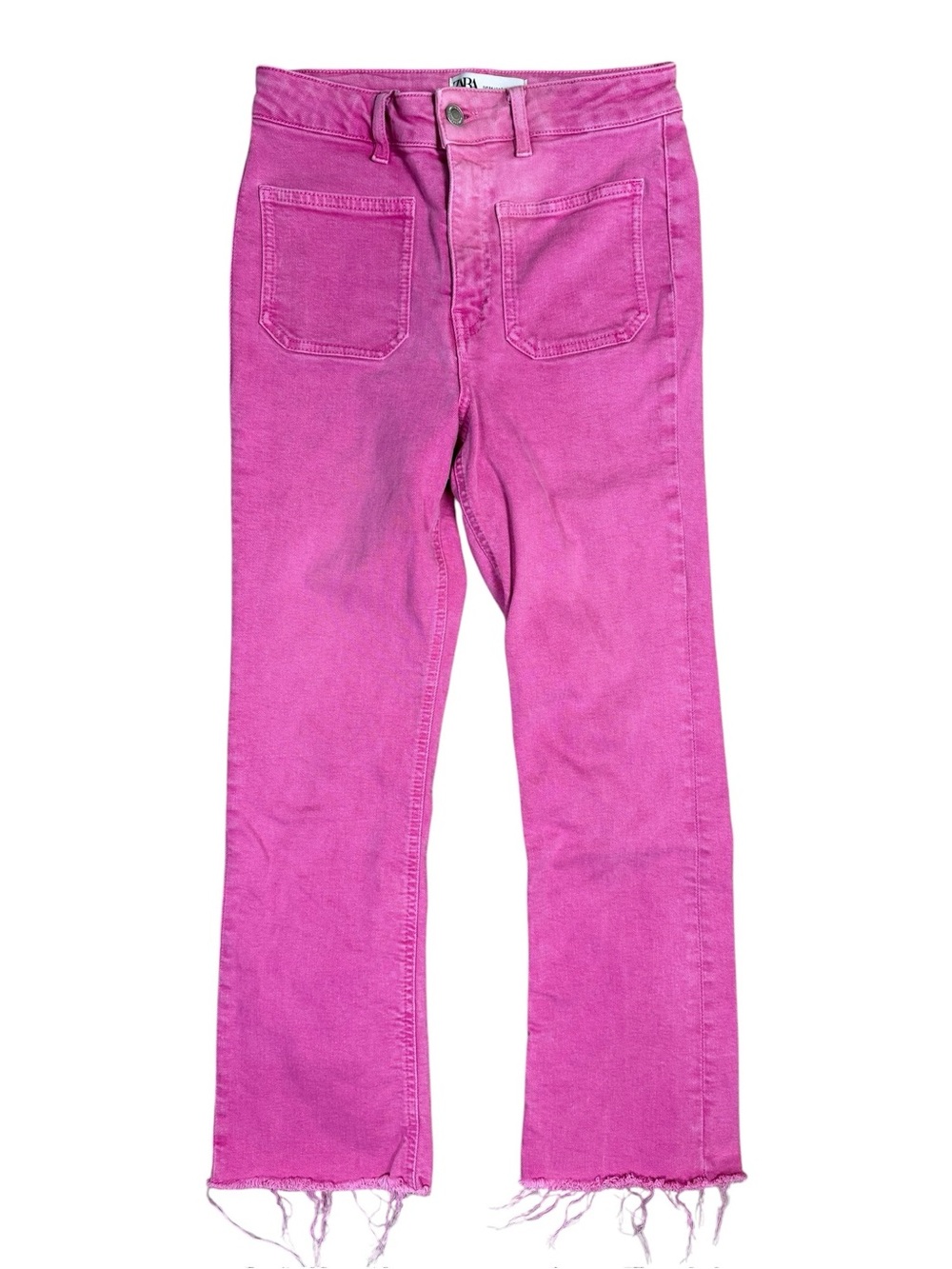 Zara Pink Cropped Flare Leg Jeans with Raw Hem Size 2